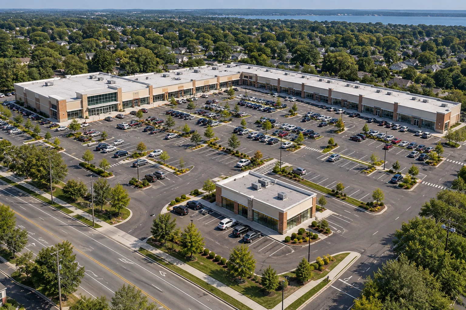 Large L-shaped shopping center with a separate retail pad building and surface parking