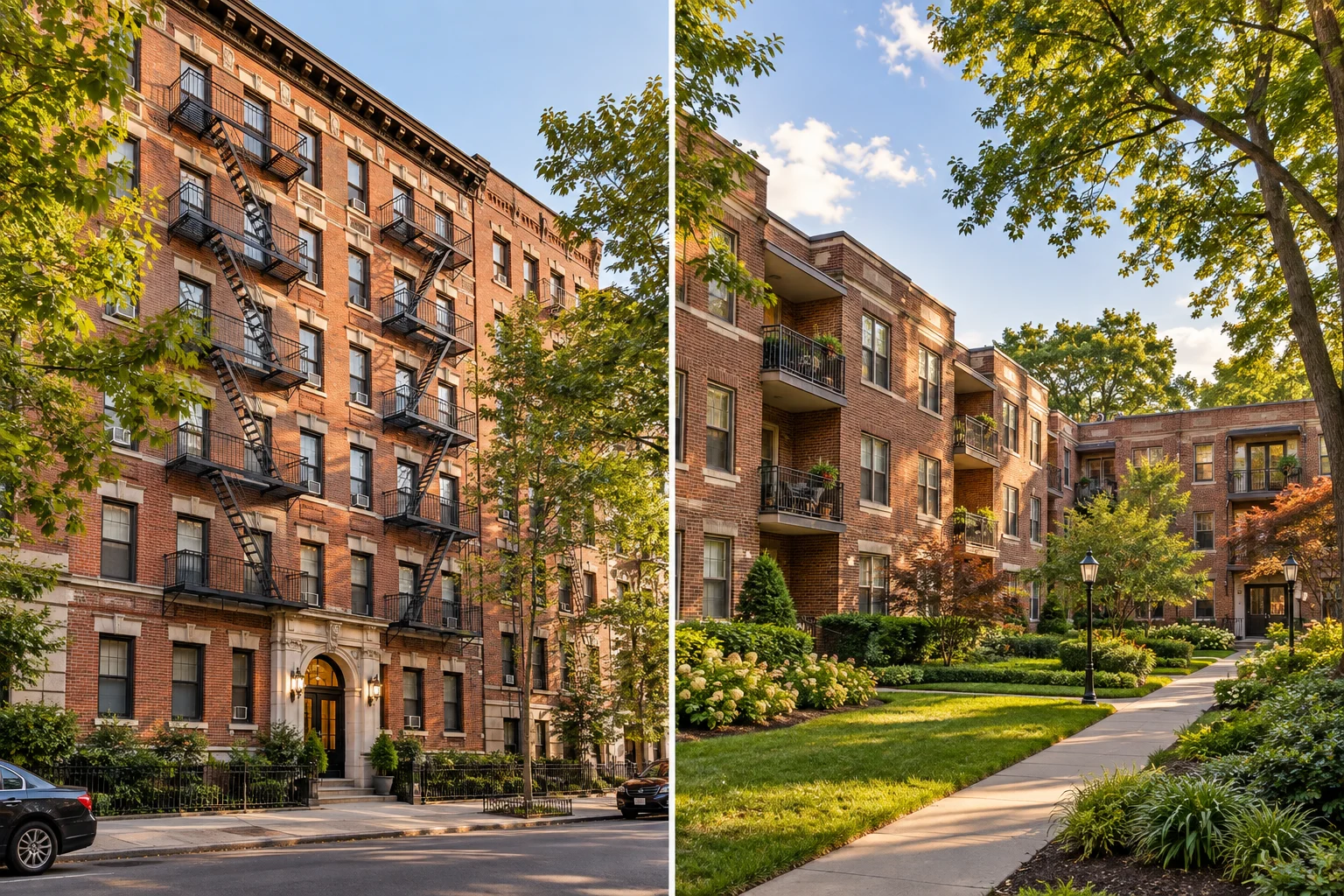 Prewar urban apartment building with fire escapes