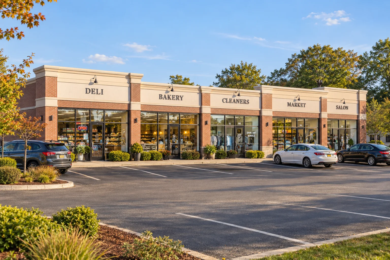 Single-story neighborhood retail strip center with storefronts and front parking, without awnings