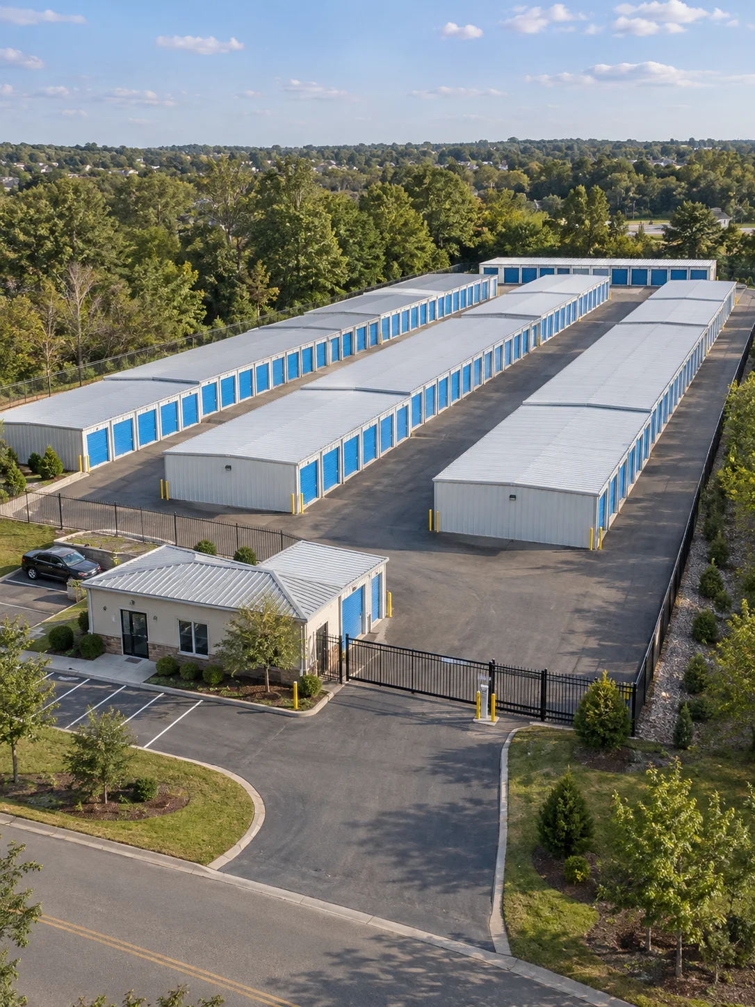 Aerial view of single-story drive-up self-storage rows with blue roll-up doors and gated access